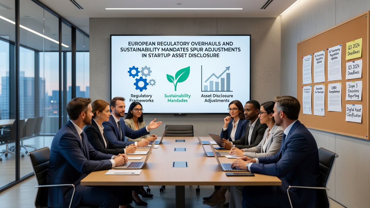 Team reviewing updated asset disclosure reports with sustainability metrics on digital dashboards
