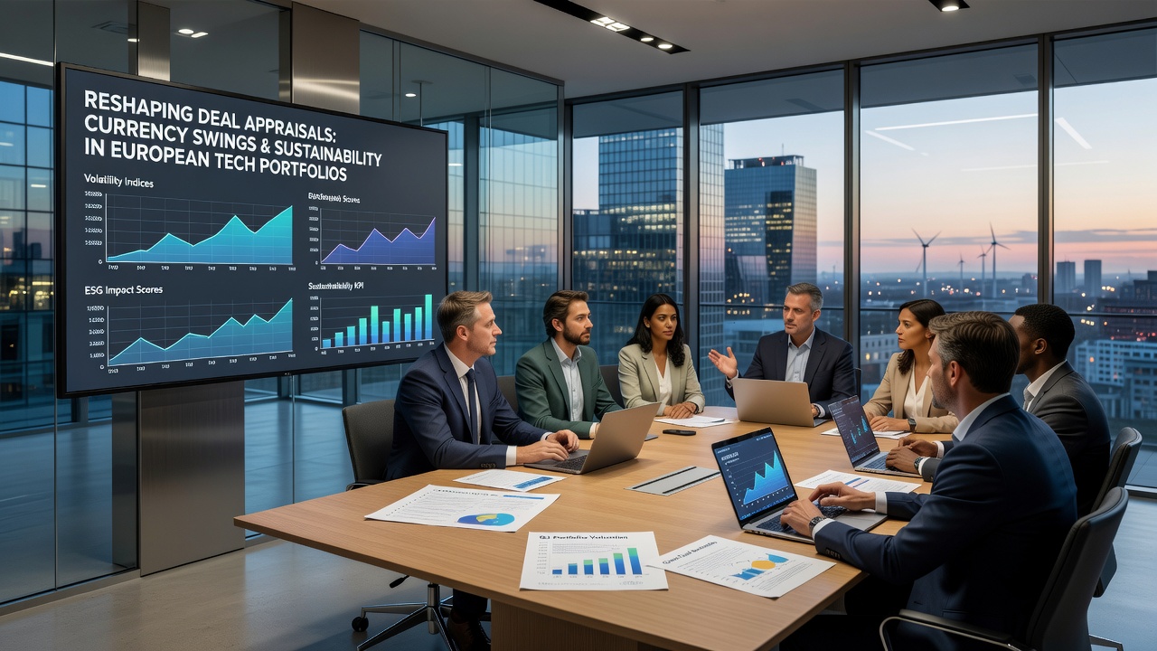Analysts reviewing sustainability reports and currency impact models during a tech portfolio review meeting
